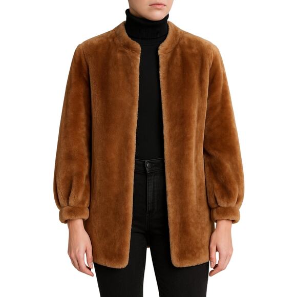 Vintage 1950s Mouton Lamb Fur Coat Brown Caramel Jacket L/XL MId century - Picture 1 of 8